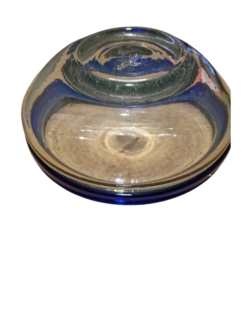 Hand Blown Mexican Glass Bowl Cobalt Blue Rim GUC
